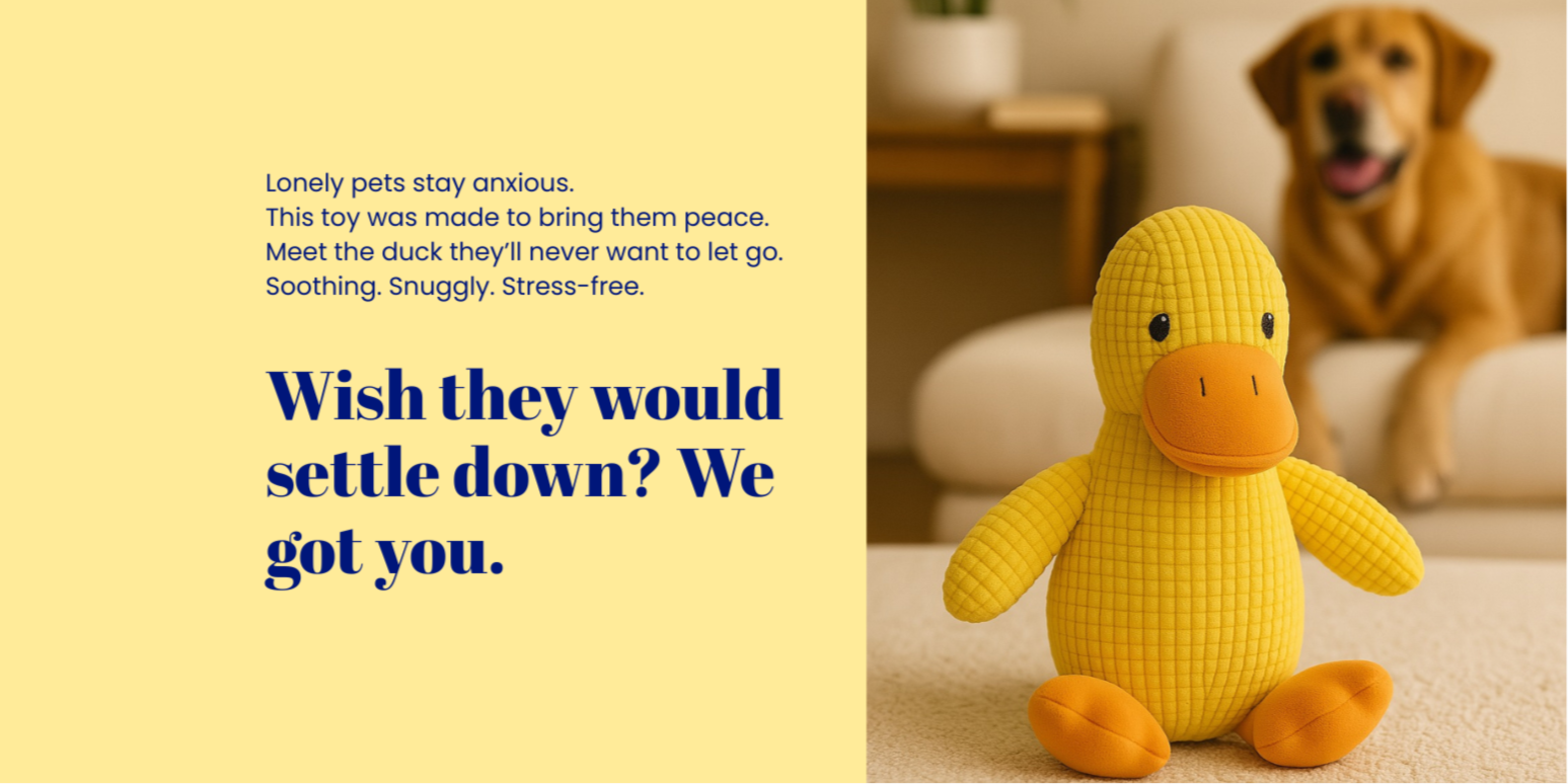 Yellow duck toy with text about pet anxiety and how this toy is bringing them peace, placed next to a dog on a couch.